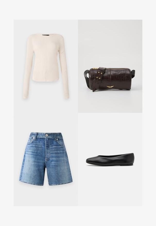 Long-sleeve, light beige top with a round neckline. Made of soft fabric, features a central seam and slightly curved hem. No visible hardware.; Denim shorts in a light blue wash with a high waist, five pockets, and a button closure, featuring a faded texture and raw hem.; Paul Smith TOPANGA - Ballet pumps - black; Brown crocodile-embossed leather bag with a cylindrical shape, gold-tone hardware, and a detachable strap featuring studs.