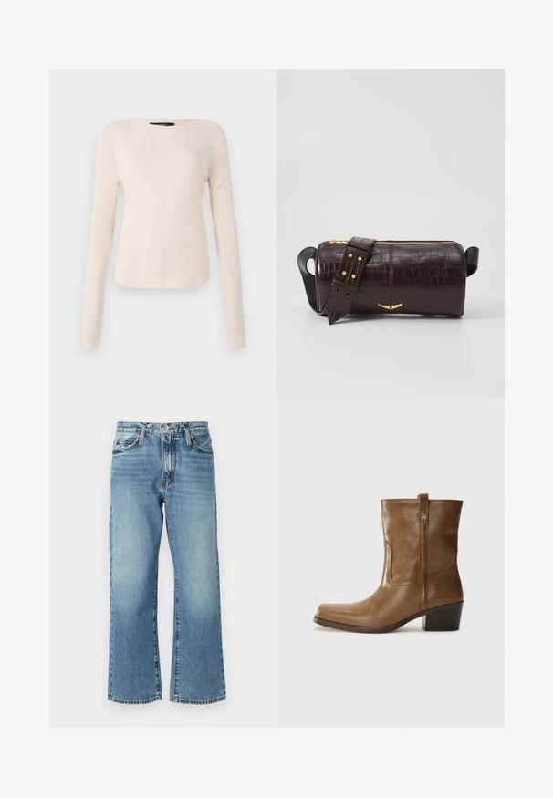Dlhý rukáv, svetlo béžový top s okrúhlym výstrihom. Vyrobený z mäkkej látky, má stredový šev a mierne zakrivený spodný okraj. Bez viditeľného hardvéru.; Svetlomodré džínsové nohavice so širokým strihom, piatimi vreckami a zapínaním na gombík. Tkanina má jemné zosvetlenia a klasickú textúru.; Hnedé kožené členkové topánky so štvorcovou špičkou, textúrovaným povrchom a nízkym vrstveným podpätkom. Obsahujú zadný úchyt a diskrétne prešívanie.; Hnedá taška z kože s embosovaným vzorom krokodíla, cylindrického tvaru, so zlatými hardvérovými doplnkami a odnímateľným popruhom so štítkami.