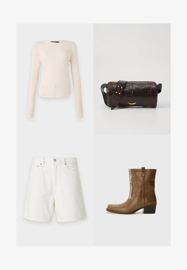 Pitkähihainen, vaaleanbeige paita, jossa on pyöreä kaula-aukko. Valmistettu pehmeästä kankaasta, jossa on keskeinen sauma ja hieman kaareva helma. Ei näkyvää metalliosaa.; Valkoiset farkkushortsit suoralinjaisella leikkauksella, viiden taskun muotoilulla, edessä napituksella, hopeisilla yksityiskohdilla ja ommelluilla yksityiskohdilla.; Ruske nahkasaappaat nilkkamittaisella leikkauksella, neliönmuotoisella kärjellä, teksturoidulla pinnalla ja alhaisella pinottavalla korolla. Varustettu takana olevan vetotarran ja huomaamattomilla ompeleilla.; Ruskea krokotiilinkuosilla varustettu nahkalaukku, jossa on sylinterimäinen muoto, kultasävyiset yksityiskohdat ja irrotettava hihna, jossa on niittejä.