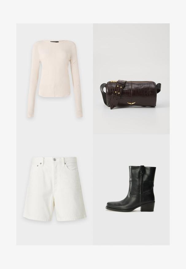 Hosszú ujjú, világos bézs blúz kerek nyakkivágással. Puha anyagból készült, középső varrással és enyhén ívelt szegéllyel rendelkezik. Nincs rajta látható fémrész.; Fehér farmer sort egyenes szabással, öt zsebbel, elülső gombos záródással, ezüst színű fémrészletekkel és varrt díszítéssel.; Fekete bőr bokacsizma lekerekített orral, blokk sarkúval, oldalsó cipzárral és varrásos díszítéssel az elején. Simább textúra, klasszikus dizájn.; Barna krokodilbőr hatású bőr táska henger alakú, arany tónusú fémveretekkel és lecsatolható, szegecsekkel díszített pánttal.