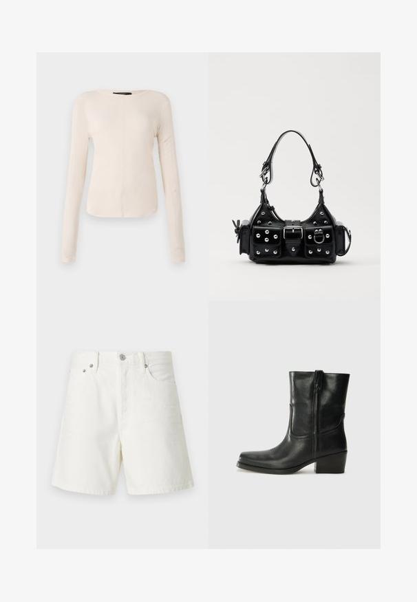 Langsleeve, lichtbeige top met een ronde halslijn. Gemaakt van zachte stof, heeft een centrale naad en een iets gebogen rand. Geen zichtbare hardware.; Witte denim shorts met een rechte snit, vijf zakken, voorste knoopsluiting, zilveren hardware en gestikte details.; Zwarte leren enkellaars met een ronde neus, blokhak, zijrits en stikselaccenten op de wreef. Gladde textuur, klassiek ontwerp.; Zwarte lederen handtas met een gebogen ontwerp, voorzien van zilveren studs, een gesp en twee zijvakken. Verstelbare schouderband voor verschillende draagmogelijkheden.