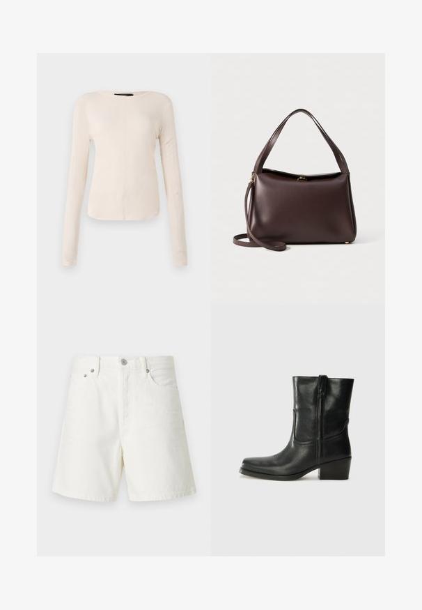 Maglietta a maniche lunghe di colore beige chiaro con scollatura rotonda. Realizzata in tessuto morbido, presenta una cucitura centrale e un orlo leggermente curvato. Senza hardware visibile.; Shorts di denim bianco con taglio dritto, design a cinque tasche, chiusura frontale con bottone, accessori in argento e dettagli cuciti.; Stivale ankle in pelle nera con punta arrotondata, tacco a blocco, cerniera laterale e dettagli in cucitura sulla tomaia. Texture liscia, design classico.; Borsa a mano in pelle marrone con forma strutturata, dotata di un manico superiore singolo e di una tracolla removibile. Dettagli in hardware color oro.