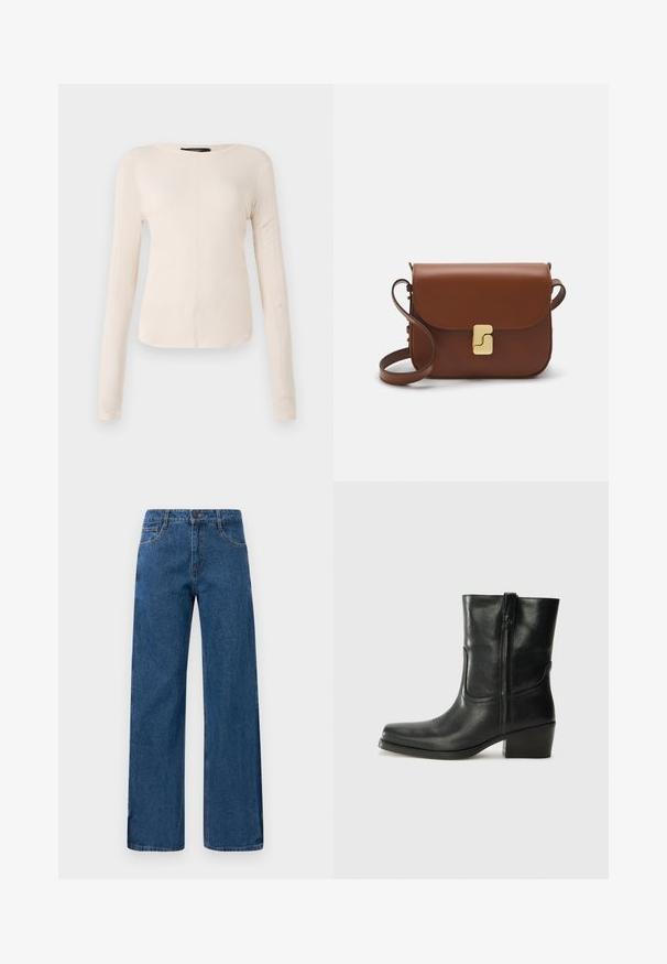 Dugih rukava, svijetlo bež majica s okruglim izrezom. Izrađena od mekanog materijala, ima središnji šav i blago zakrivljen rub. Nema vidljivih metalnih dijelova.; Plave hlače s visokim strukom i širokim nogavicama, s prednjim i stražnjim džepovima, zatvaranjem na gumbe i vidljivim šavovima na bijeloj pozadini.; Crne kožne čizme do članaka s okruglim vrhom, blok potpeticom, bočnim patentnim zatvaračem i detaljima od šavova na gornjem dijelu. Glatka tekstura, klasičan dizajn.; Smeđa kožna torba s preklopom, zlatnim detaljima, remenom za nošenje preko ramena i glatkom teksturom. Kompaktni pravokutni oblik.