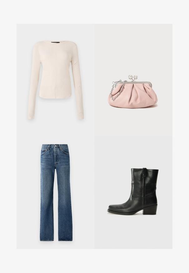 Ilgesnių rankovių, šviesiai bežinis viršus su apvaliu iškirpimu. Pagamintas iš minkštos medžiagos, turi centrinę siūlę ir šiek tiek kreivą apatinių kraštų liniją. Matomų detalių nėra.; Mėlyni džinsai su tiesiu blekšimu, turintys penkias kišenes, sagčių uždarymą ir šviesius išblukimo efektus su subtiliomis dėvėjimo žymėmis.; Juodi odiniai aulinukai iki kulkšnies su apvali nosimi, blokuotais kulnais, šonine užtrauktuku ir siuvimo akcentais ant viršutinės dalies. Lygi tekstūra, klasikinis dizainas.; Rožinė odinė rankinė su surinkta forma, metaliniu rėmu, dviem apvaliais užsegimais ir sidabrine grandinėlės dirželiu. Lygus paviršius, kompaktiška forma.