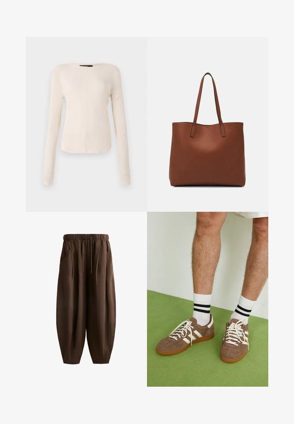 Hosszú ujjú, világos bézs blúz kerek nyakkivágással. Puha anyagból készült, középső varrással és enyhén ívelt szegéllyel rendelkezik. Nincs rajta látható fémrész.; Barna, laza szabású nadrág, zsinóros derékkal, texturált anyagból, oldalsó zsebekkel és szűkülő szárral.; Barna velúr sportcipő fehér díszítéssel és fűzővel. Gumi talp. Fehér zoknival viselve, fekete csíkokkal. Zöld, textúrázott padló.; Barna bőr vászontáska sima textúrával, nyitott tetejű dizájnnal és két vállpánttal. Minimális varrással és látható hardver nélkül készült.