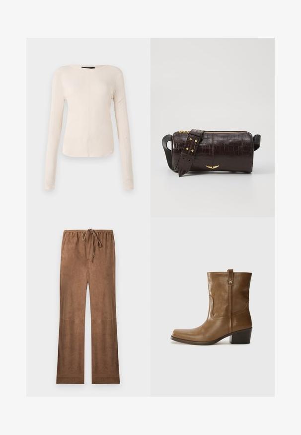 Long-sleeve, light beige top with a round neckline. Made of soft fabric, features a central seam and slightly curved hem. No visible hardware.; Brown pull-on pants made from soft suede-like fabric. They feature a drawstring waistband and a flared leg design for a relaxed fit.; Brown leather ankle boot with a square toe, textured finish, and a low stacked heel. Features a rear pull tab and subtle stitching details.; Brown crocodile-embossed leather bag with a cylindrical shape, gold-tone hardware, and a detachable strap featuring studs.