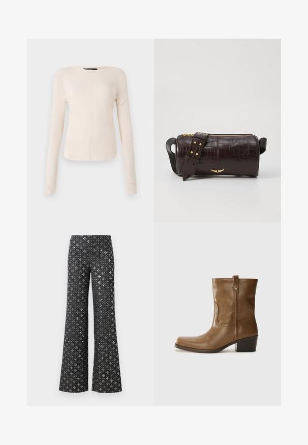 Long-sleeve, light beige top with a round neckline. Made of soft fabric, features a central seam and slightly curved hem. No visible hardware.; Black wide-leg pants featuring a sequined texture with silver accents, creating a patterned appearance across the entire fabric.; Brown leather ankle boot with a square toe, textured finish, and a low stacked heel. Features a rear pull tab and subtle stitching details.; Brown crocodile-embossed leather bag with a cylindrical shape, gold-tone hardware, and a detachable strap featuring studs.