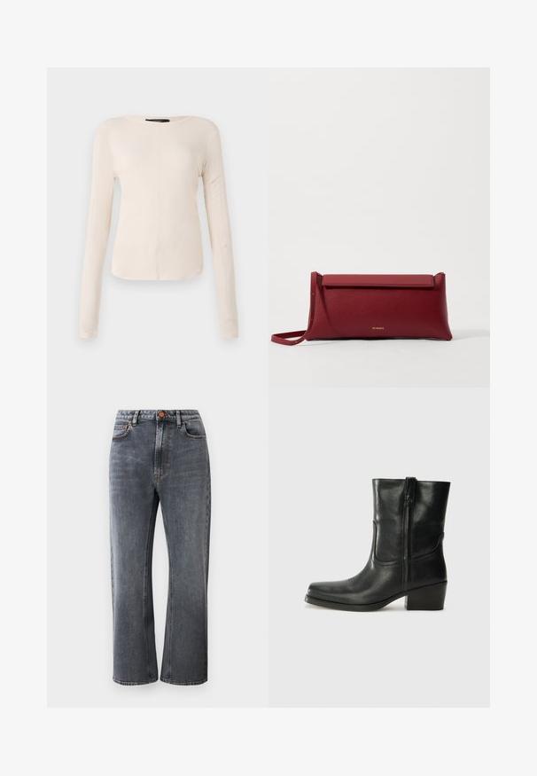 Dolga majica v svetlo bež barvi s okroglim izrezom. Narejena iz mehkega materiala, ima osrednji šiv in rahlo ukrivljen rob. Ni vidnih elementov.; Temno sivi jeans z visokim pasom, ravnim krojem, petimi žepi in kontrastnim oranžnim šivom.; Črne usnjene gležnjarje z zaobljenim nosom, blok peto, stransko zadrgo in šivanjem na vampu. Gladka tekstura, klasična zasnova.; Rdeča usnjena torbica s teksturirano površino, z ravnim zloženim vrhom in kratkim trakom. Diskreten logotip blagovne znamke spredaj.