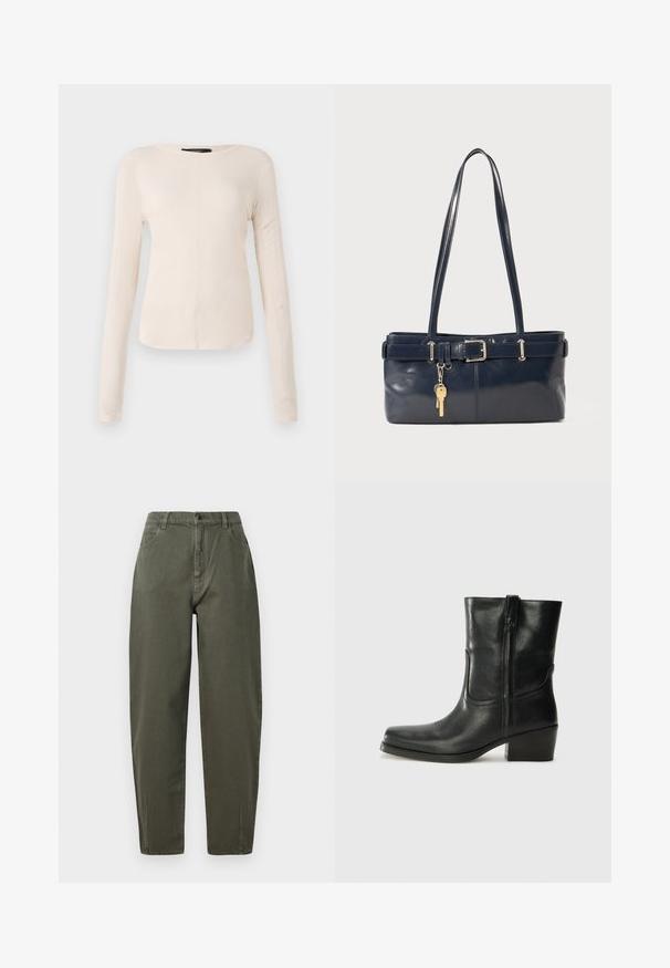 Pikkade varrukatega helesinine topp ümmarguse kaelusega. Valmistatud pehmest kangast, sisaldab keskset õmblust ja kergelt kaardus serva. Ei ole nähtavat riistvara.; Khiakhirohelised püksid, mis on valmistatud vastupidavast kangast, kõrge vöökoha, sirge sääre disaini, nööbiklapi ja küljetaskutega.; Musta nahast pahkluu saabas ümarate varvastega, plokknäppu, külgsepa ja pealsetel õmblusest aktsentidega. Sile tekstuur, klassikaline disain.; Tumedast nahast käekott kahe pika käepidemega, pandla detailiga ja võtmehoidjaga. Omab siledat tekstuuri ja ristkülikukujulist vormi.