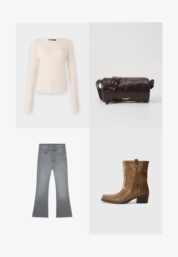 Top cu mânecă lungă, de culoare bej deschis, cu decolteu rotund. Realizat dintr-un material moale, prezintă o cusătură centrală și un tiv ușor curbat. Fără elemente de prindere vizibile.; Jeans grii evazați din denim, cu un design clasic cu cinci buzunare, închidere cu buton și o textură netedă.; Botine din piele maro, cu vârf pătrat, finisaj texturat și toc mic, îngrămădit. Prezentă un tab de tragere la spate și detalii subtile de coasere.; Geantă din piele căptușită cu un model de crocodil de culoare maro, cu o formă cilindrică, accesorii de culoare aurie și un curea detasabilă cu tăieturi.