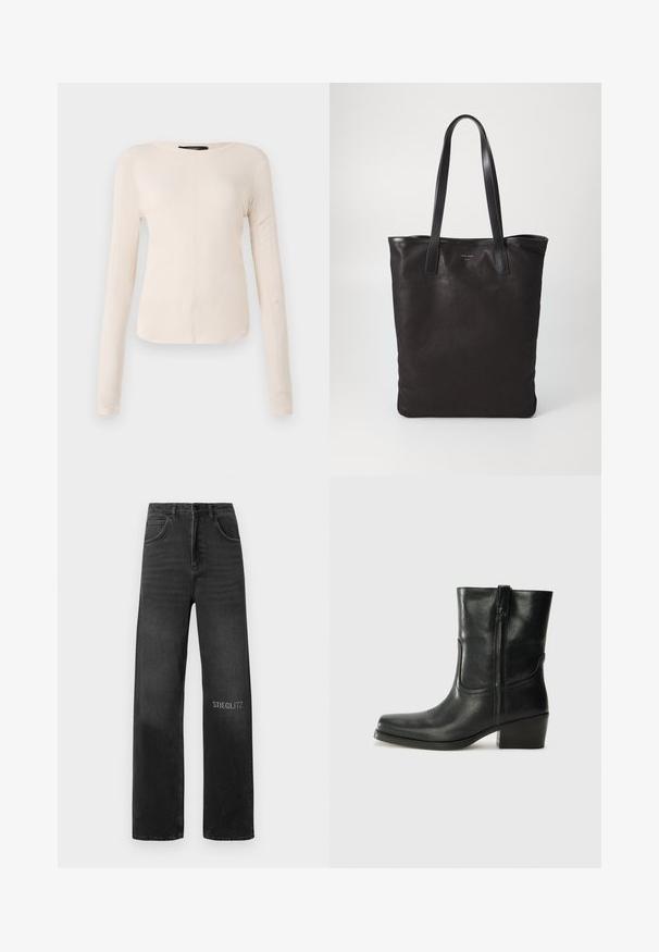 Ilgi piedurkņu, gaiši bēšas krāsas blūze ar apaļu dekoltē. Izgatavota no mīksta auduma, ar centrālo šuvi un nedaudz izliekta apakšmala. Nav redzamu papildus elementu.; Melni džinsi ar brīvu piegriezumu, ar augsto jostu, piecām kabatām un priekšējo šuvju. Uz kājas ir drukāts "STIEGLITZ" baltajā krāsā.; Melna ādas potīte ar noapaļotu purngalu, bloku papēdi, sānu rāvējslēdzēju un šuvju akcentiem uz virsmas. Gluda tekstūra, klasiskā dizaina.; Melnas auduma iepirkumu soma ar melnām ādas rokturiem. Vienkāršs dizains, plaša forma un gluda tekstūra. Nav redzamu logo vai rakstu.