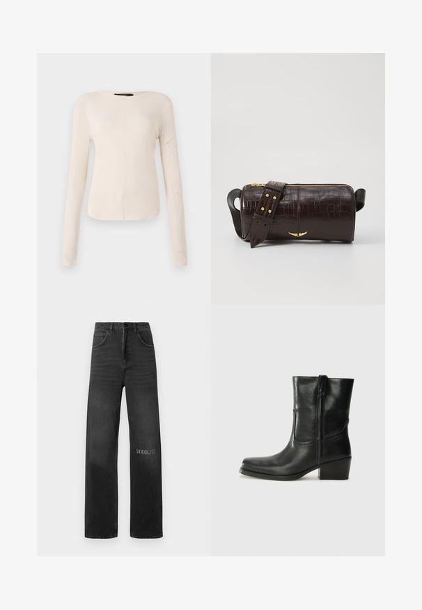 Hosszú ujjú, világos bézs blúz kerek nyakkivágással. Puha anyagból készült, középső varrással és enyhén ívelt szegéllyel rendelkezik. Nincs rajta látható fémrész.; Fekete farmernadrág laza szabással, magas derékkal, öt zsebbel és elülső varrással. A lábon fehér "STIEGLITZ" felirat látható.; Fekete bőr bokacsizma lekerekített orral, blokk sarkúval, oldalsó cipzárral és varrásos díszítéssel az elején. Simább textúra, klasszikus dizájn.; Barna krokodilbőr hatású bőr táska henger alakú, arany tónusú fémveretekkel és lecsatolható, szegecsekkel díszített pánttal.