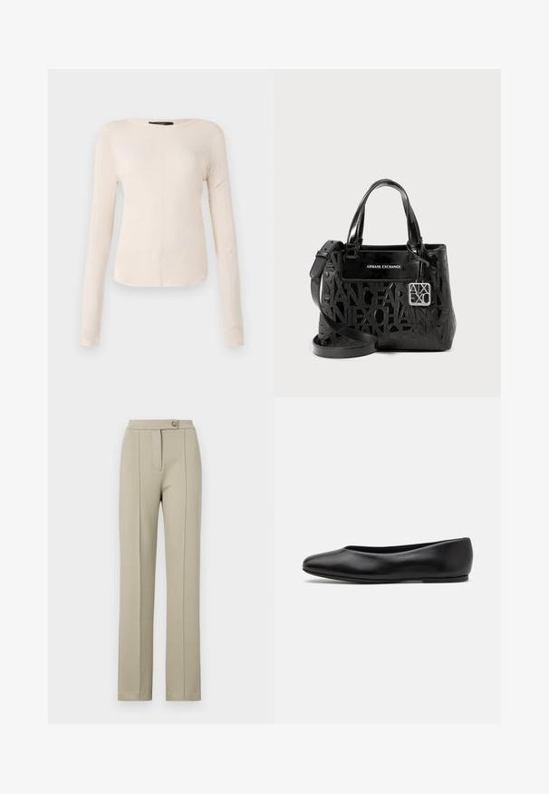 Long-sleeve, light beige top with a round neckline. Made of soft fabric, features a central seam and slightly curved hem. No visible hardware.; Beige tailored pants with a straight fit, featuring a front zipper, a single button closure, and subtle pressed folds down the front legs.; Paul Smith TOPANGA - Ballet pumps - black; Black purse made of glossy material featuring an embossed logo design, dual handles, a detachable shoulder strap, and silver hardware.