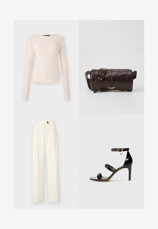 Long-sleeve, light beige top with a round neckline. Made of soft fabric, features a central seam and slightly curved hem. No visible hardware.; Wide-leg trousers in cream fabric, featuring a high waist, front pleats, and a single black button detail at the waistband.; Black patent leather sandal with three straps, ankle buckle, and 4-inch stiletto heel. Features gold hardware detail and logo charm.; Brown crocodile-embossed leather bag with a cylindrical shape, gold-tone hardware, and a detachable strap featuring studs.