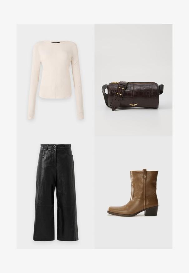 Długi rękaw, jasnobeżowa bluzka z okrągłym dekoltem. Wykonana z miękkiego materiału, posiada centralny szew oraz lekko zaokrąglony dół. Brak widocznych elementów metalowych.; Czarne skórzane spodnie szerokie w nogawkach o gładkiej fakturze, z zamkiem błyskawicznym i przednimi kieszeniami. Minimalistyczny design w kroju 3/4.; Brązowy skórzany botek za kostkę z kwadratowym noskiem, teksturowanym wykończeniem i niskim, zakrytym obcasem. Posiada tylną pętelkę do zakładania oraz subtelne detale przeszycia.; Brązowa torba ze skóry z tłoczeniem krokodyla w kształcie cylindrycznym, z metalowymi elementami w kolorze złotym oraz odczepianym paskiem z ćwiekami.