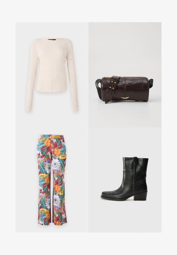Długi rękaw, jasnobeżowa bluzka z okrągłym dekoltem. Wykonana z miękkiego materiału, posiada centralny szew oraz lekko zaokrąglony dół. Brak widocznych elementów metalowych.; Rozszerzane spodnie w wielokolorowy kwiatowy wzór, z pomarańczowymi, fioletowymi i turkusowymi kwiatami oraz zielonymi liśćmi na białym tle.; Czarne skórzane botki za kostkę z okrągłym noskiem, słupkowym obcasem, bocznym zamkiem i przeszyciami na cholewce. Gładka tekstura, klasyczny design.; Brązowa torba ze skóry z tłoczeniem krokodyla w kształcie cylindrycznym, z metalowymi elementami w kolorze złotym oraz odczepianym paskiem z ćwiekami.