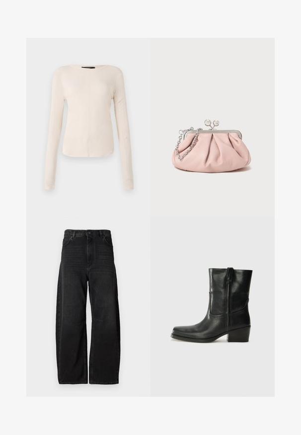 Long-sleeve, light beige top with a round neckline. Made of soft fabric, features a central seam and slightly curved hem. No visible hardware.; Wide-leg black denim jeans made from sturdy fabric, featuring a high waist, large front pockets, and a clean, minimal stitch design.; Black leather ankle boot with a rounded toe, block heel, side zipper, and stitching accents on the vamp. Smooth texture, classic design.; Pink leather clutch bag with a gathered design, metal frame, two round clasps, and a silver chain strap. Smooth texture, compact shape.
