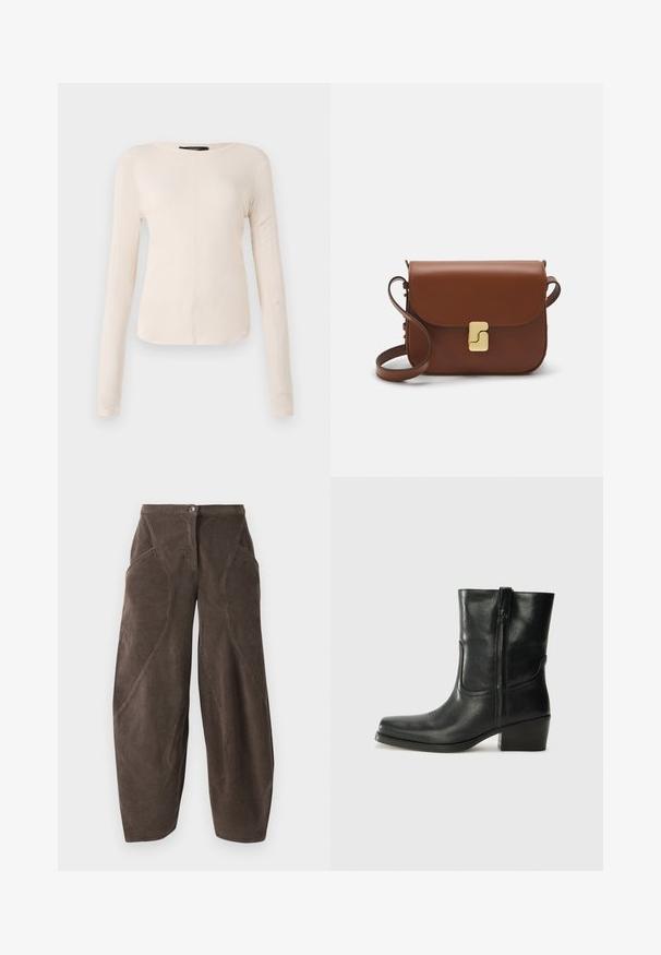 Long-sleeve, light beige top with a round neckline. Made of soft fabric, features a central seam and slightly curved hem. No visible hardware.; Brown wide-leg corduroy pants with high waist, front button closure, and angled seam details on legs.; Black leather ankle boot with a rounded toe, block heel, side zipper, and stitching accents on the vamp. Smooth texture, classic design.; Brown leather handbag with a flap closure, gold-tone hardware, a shoulder strap, and a smooth texture. Compact rectangular shape.