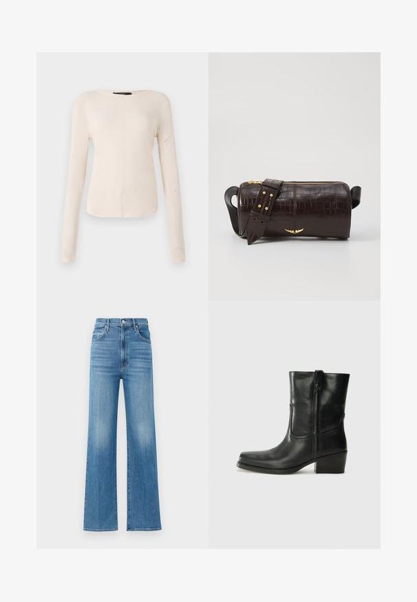 Camisola de mangas longas, bege claro, com decote redondo. Feita de um tecido macio, apresenta uma costura central e uma bainha ligeiramente curva. Sem ferragens visíveis.; Jeans de perna larga azul claro feitos de denim com uma cintura alta. Apresentam um fecho de botão e zipper, e um desbotado subtil em toda a superfície.; Bota de tornozelo em couro preto com bico arredondado, salto bloco, fecho lateral e detalhes em costura na parte frontal. Textura suave, design clássico.; Bolsa de couro com textura de crocodilo na cor marrom, com forma cilíndrica, metalizações em tom dourado e uma alça destacável com tachas.