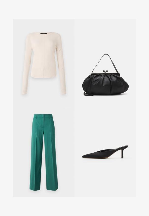 Langsleeve, lichtbeige top met een ronde halslijn. Gemaakt van zachte stof, heeft een centrale naad en een iets gebogen rand. Geen zichtbare hardware.; Groene wijde broek gemaakt van een soepele stof met een op maat gemaakte pasvorm, met voorplooien en een ontwerp met twee zakken.; Zwarte muiltje met spitse neus en een strak ontwerp, gemaakt van gladde stof, met een slanke hak en open achterkant voor gemakkelijk aan- en uittrekken.; Zwarte leren handtas met een afgerond, geplooid ontwerp. Voorzien van een metalen sluiting met twee decoratieve bollen en een smalle, afneembare schouderband.
