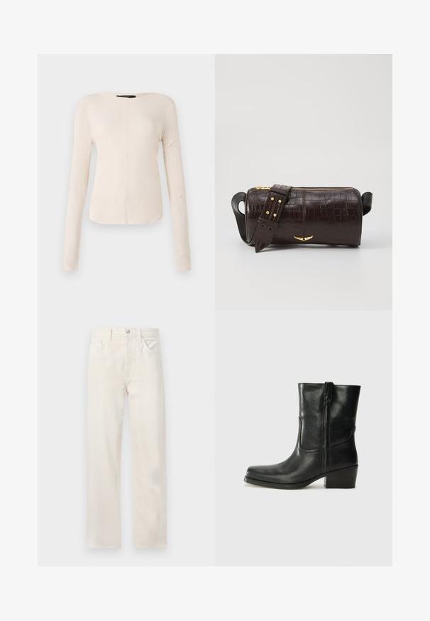 Ilgi piedurkņu, gaiši bēšas krāsas blūze ar apaļu dekoltē. Izgatavota no mīksta auduma, ar centrālo šuvi un nedaudz izliekta apakšmala. Nav redzamu papildus elementu.; Off-white taisnieku džinsi ar pieciem kabatām, jostas cilpām un pogas un rāvējslēdzēja aizdari vidukļa daļā.; Melna ādas potīte ar noapaļotu purngalu, bloku papēdi, sānu rāvējslēdzēju un šuvju akcentiem uz virsmas. Gluda tekstūra, klasiskā dizaina.; Brūna krokodila ādas soma ar cilindrisku formu, zelta toni aparatūru un noņemamu siksnu ar studiem.
