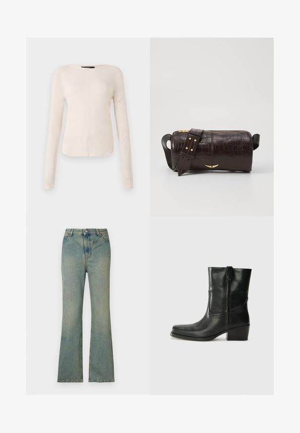 Pikkade varrukatega helesinine topp ümmarguse kaelusega. Valmistatud pehmest kangast, sisaldab keskset õmblust ja kergelt kaardus serva. Ei ole nähtavat riistvara.; Heled sinised jilidööd, kõrge vöökoht, viie tasku ja luku tõmblukk. Puhtad, tuhmunud viimistlusega ja peentel õmblustega.; Musta nahast pahkluu saabas ümarate varvastega, plokknäppu, külgsepa ja pealsetel õmblusest aktsentidega. Sile tekstuur, klassikaline disain.; Pruunist krokodillimustrist nahast kott, millel on silindri kuju, kuldse tooni metalldetailid ja eemaldatav rihm, kus on nupud.