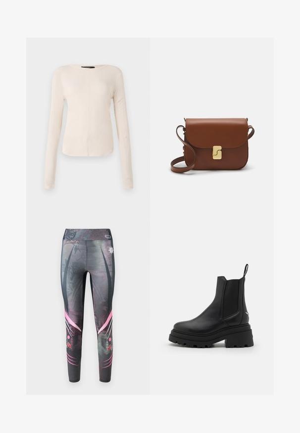 Hosszú ujjú, világos bézs blúz kerek nyakkivágással. Puha anyagból készült, középső varrással és enyhén ívelt szegéllyel rendelkezik. Nincs rajta látható fémrész.; Sötét szürke, szoros szabású leggings pöttyös mintával, pink grafikai részletekkel és magas derekú kialakítással.; Fekete Chelsea csizmák sima bőrből, rugalmas oldalsó panelekkel, vastag, bordázott gumitalppal és hátsó húzófüllel.; Barna bőr kézitáska, hajtókás zárással, arany színű fém kiegészítőkkel, vállpánttal és sima felülettel. Kompakt téglalap alakú.