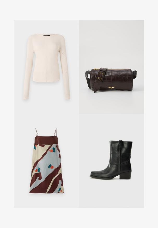 Hosszú ujjú, világos bézs blúz kerek nyakkivágással. Puha anyagból készült, középső varrással és enyhén ívelt szegéllyel rendelkezik. Nincs rajta látható fémrész.; Szatén ruha, melynek barna felső része van, és egy téglalap alakú, több színű, absztrakt formákkal és teal és narancs virágmintákkal áramlik.; Fekete bőr bokacsizma lekerekített orral, blokk sarkúval, oldalsó cipzárral és varrásos díszítéssel az elején. Simább textúra, klasszikus dizájn.; Barna krokodilbőr hatású bőr táska henger alakú, arany tónusú fémveretekkel és lecsatolható, szegecsekkel díszített pánttal.