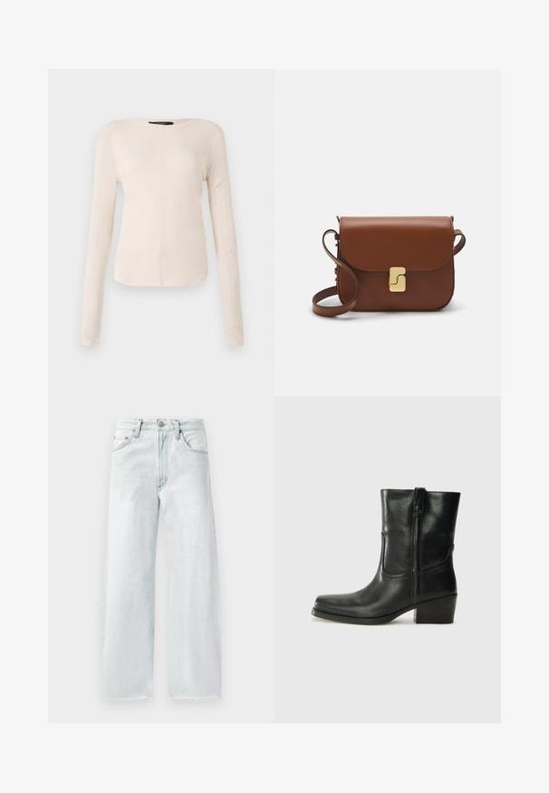 Maglietta a maniche lunghe di colore beige chiaro con scollatura rotonda. Realizzata in tessuto morbido, presenta una cucitura centrale e un orlo leggermente curvato. Senza hardware visibile.; Jeans a gamba larga di colore blu chiaro realizzati in denim. Presentano una vita con bottoni, cinque tasche e un orlo sfaldato. Cuciture tonali sottili.; Stivale ankle in pelle nera con punta arrotondata, tacco a blocco, cerniera laterale e dettagli in cucitura sulla tomaia. Texture liscia, design classico.; Borsa a tracolla in pelle marrone con chiusura a pattina, hardware color oro, tracolla e una finitura liscia. Forma rettangolare compatta.