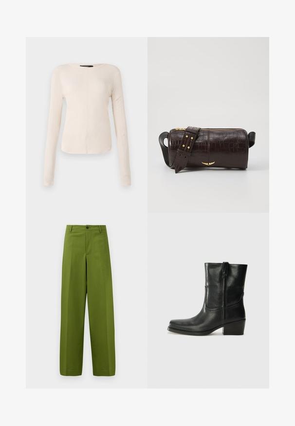 Pikkade varrukatega helesinine topp ümmarguse kaelusega. Valmistatud pehmest kangast, sisaldab keskset õmblust ja kergelt kaardus serva. Ei ole nähtavat riistvara.; Roheline laia säärega püksid sileda kangaga. Omavad ühte esist nuppu ja lame esikujundust.; Musta nahast pahkluu saabas ümarate varvastega, plokknäppu, külgsepa ja pealsetel õmblusest aktsentidega. Sile tekstuur, klassikaline disain.; Pruunist krokodillimustrist nahast kott, millel on silindri kuju, kuldse tooni metalldetailid ja eemaldatav rihm, kus on nupud.