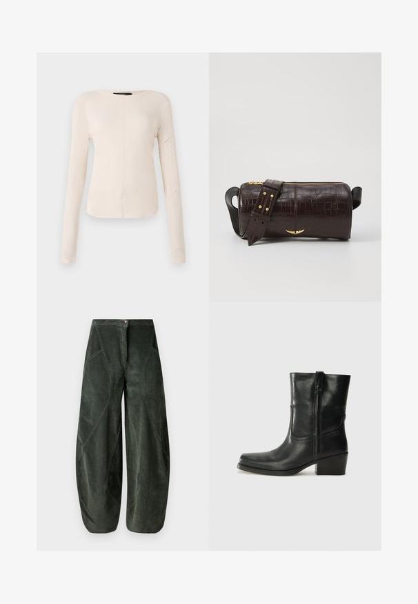 Długi rękaw, jasnobeżowa bluzka z okrągłym dekoltem. Wykonana z miękkiego materiału, posiada centralny szew oraz lekko zaokrąglony dół. Brak widocznych elementów metalowych.; Spodnie o szerokich nogawkach w ciemnozielonym materiale sztruksowym, z zapięciem na guziki i ukośnymi bocznymi kieszeniami o teksturowanym, prążkowanym wzorze.; Czarne skórzane botki za kostkę z okrągłym noskiem, słupkowym obcasem, bocznym zamkiem i przeszyciami na cholewce. Gładka tekstura, klasyczny design.; Brązowa torba ze skóry z tłoczeniem krokodyla w kształcie cylindrycznym, z metalowymi elementami w kolorze złotym oraz odczepianym paskiem z ćwiekami.