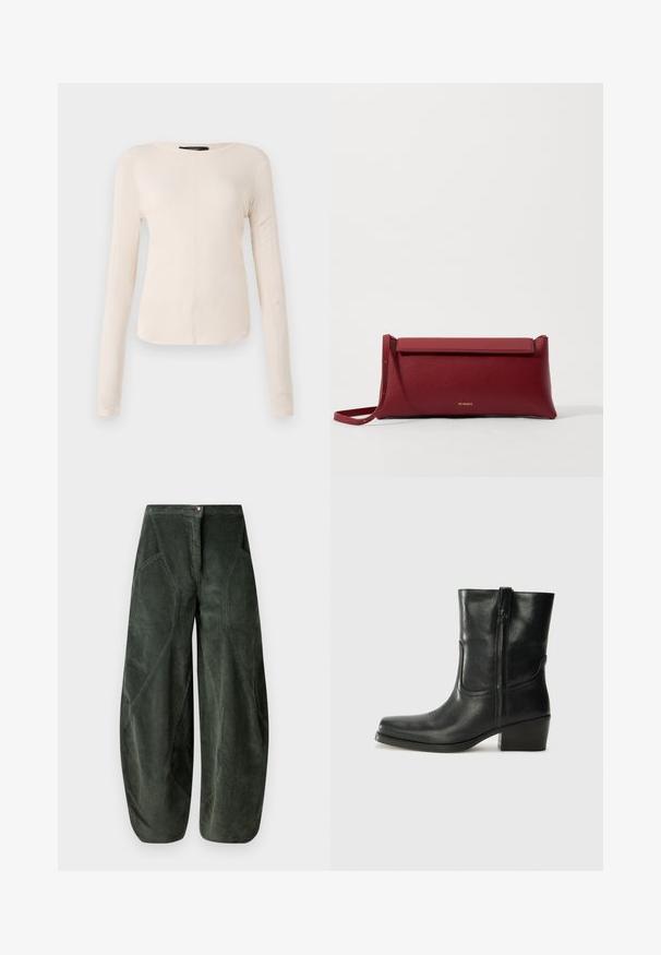 Langsleeve, lichtbeige top met een ronde halslijn. Gemaakt van zachte stof, heeft een centrale naad en een iets gebogen rand. Geen zichtbare hardware.; Wijduitlopende broek van donkergroen corduroy-stof, met een knoopsluiting en schuin geplaatste zijzakken met een gestructureerd, geribbeld patroon.; Zwarte leren enkellaars met een ronde neus, blokhak, zijrits en stikselaccenten op de wreef. Gladde textuur, klassiek ontwerp.; Rode leren clutch met een gestructureerde afwerking, met een vlakke omvouwtop en een korte strap. Subtiele merklogo op de voorkant.