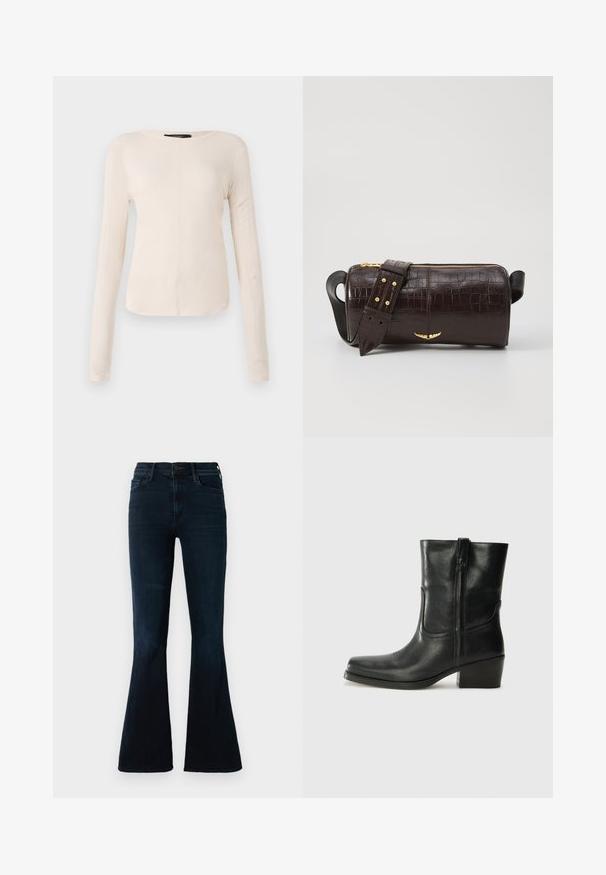 Dolga majica v svetlo bež barvi s okroglim izrezom. Narejena iz mehkega materiala, ima osrednji šiv in rahlo ukrivljen rob. Ni vidnih elementov.; Temno modri razširjeni džins hlače iz denima, z visokim pasom, standardnimi žepi in rahlim bledenjem na tkanini.; Črne usnjene gležnjarje z zaobljenim nosom, blok peto, stransko zadrgo in šivanjem na vampu. Gladka tekstura, klasična zasnova.; Brah blaženka iz rjavega usnja z embosiranim krokodilom, cilindrične oblike, zlatih kovinskih elementov in odstranljivim pasom, ki vsebuje žebljičke.