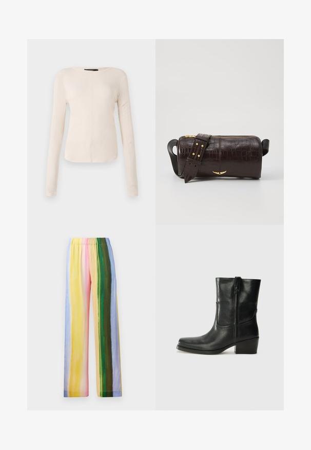 Langärmliges, hellbeiges Oberteil mit rundem Ausschnitt. Aus weichem Stoff gefertigt, verfügt es über eine zentrale Naht und einen leicht geschwungenen Saum. Keine sichtbaren Beschläge.; Weite Hosen mit Gummizugbund, versehen mit vertikalen Streifen in Pastellfarben: Gelb, Rosa, Grün, Blau und Helllila. Glatte Textur.; Schwarze Leder-Ankle Boots mit runder Zehenform, Blockabsatz, seitlichem Reißverschluss und gestickten Akzenten auf dem Blatt. Glatte Textur, klassisches Design.; Braune, krokodilgeprägte Lederhandtasche mit zylindrischer Form, goldfarbener Hardware und einem abnehmbaren Tragegurt mit Nieten.