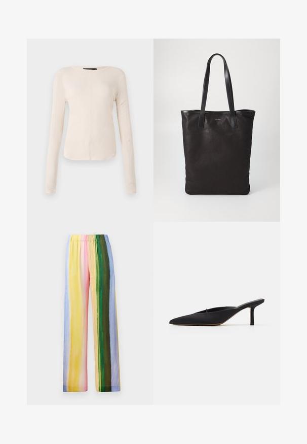 Langsleeve, lichtbeige top met een ronde halslijn. Gemaakt van zachte stof, heeft een centrale naad en een iets gebogen rand. Geen zichtbare hardware.; Brede broekspijpen met een elastische tailleband, voorzien van verticale strepen in pastelkleuren: geel, roze, groen, blauw en lichtpaars. Zachte textuur.; Zwarte muiltje met spitse neus en een strak ontwerp, gemaakt van gladde stof, met een slanke hak en open achterkant voor gemakkelijk aan- en uittrekken.; Zwarte canvas schoudertas met zwarte leren handvaten. Eenvoudig ontwerp, ruime body en een gladde textuur. Geen zichtbare logo's of patronen.