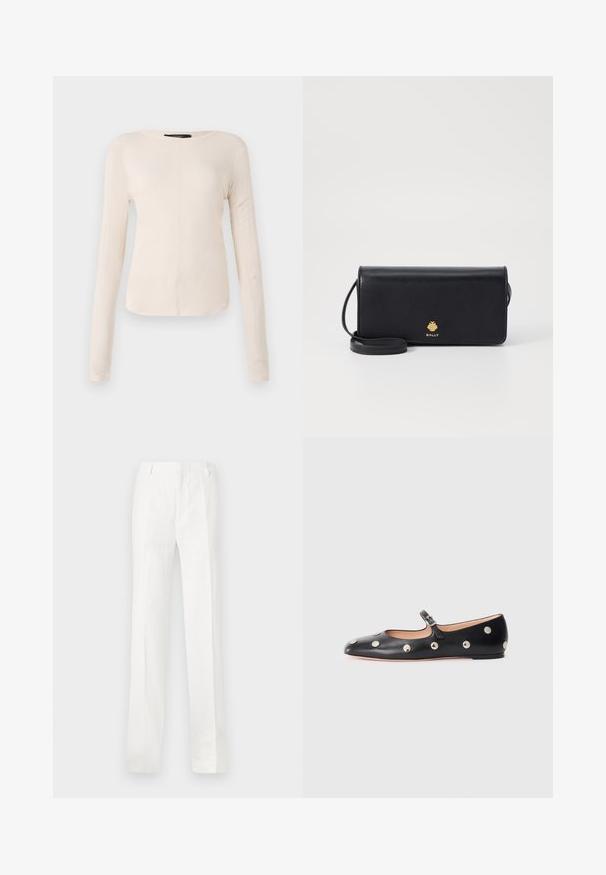 Long-sleeve, light beige top with a round neckline. Made of soft fabric, features a central seam and slightly curved hem. No visible hardware.; White, straight-leg trousers made from a lightweight fabric. Features a flat front, belt loops, and no visible patterns or decorations.; Black leather Mary Jane flat shoe with a rounded toe, featuring silver circular studs and an adjustable strap with a buckle.; Black leather wallet with a slim rectangular shape, featuring a gold logo. Includes a detachable strap for carrying convenience.