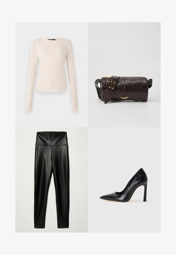 Hosszú ujjú, világos bézs blúz kerek nyakkivágással. Puha anyagból készült, középső varrással és enyhén ívelt szegéllyel rendelkezik. Nincs rajta látható fémrész.; Fekete műbőr leggings, magas derékkal, sima felülettel és testhezálló fazonnal, a boka hosszúságáig ér.; Fekete hegyes orrú magassarkú cipő krokodilbőr textúrával, letisztult dizájnnal, magas tűsarkú és sima fekete belső résszel.; Barna krokodilbőr hatású bőr táska henger alakú, arany tónusú fémveretekkel és lecsatolható, szegecsekkel díszített pánttal.