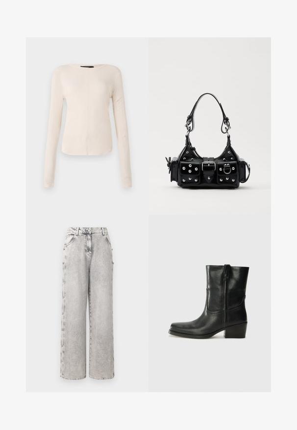 Ilgesnių rankovių, šviesiai bežinis viršus su apvaliu iškirpimu. Pagamintas iš minkštos medžiagos, turi centrinę siūlę ir šiek tiek kreivą apatinių kraštų liniją. Matomų detalių nėra.; Iro ANDREEA - Platėjantys džinsai - mixed grey; Juodi odiniai aulinukai iki kulkšnies su apvali nosimi, blokuotais kulnais, šonine užtrauktuku ir siuvimo akcentais ant viršutinės dalies. Lygi tekstūra, klasikinis dizainas.; Juodas odinis rankinukas su kreiviu dizainu, su sidabro spalvos knopkėmis, užsegimu ir dviem šoninėmis kišenėmis. Reguliuojama dirželis nešimui.