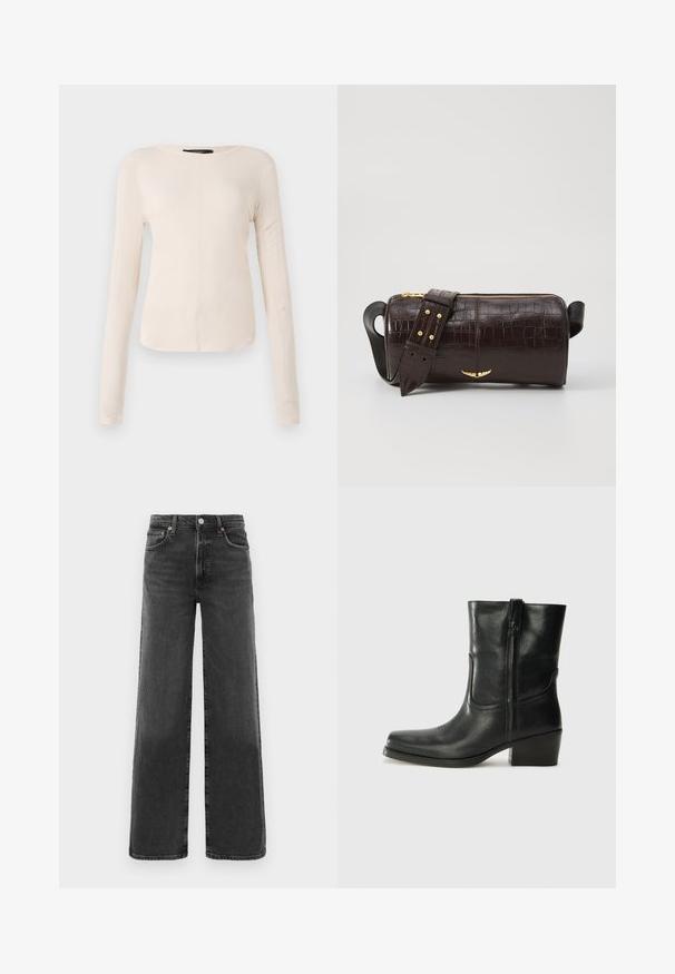 Dolga majica v svetlo bež barvi s okroglim izrezom. Narejena iz mehkega materiala, ima osrednji šiv in rahlo ukrivljen rob. Ni vidnih elementov.; Črne kavbojke z visokim pasom in ravnimi nogavicami, z gumbom in zadrgo spredaj, dvema sprednjima žepoma in dvema zadnjima žepoma.; Črne usnjene gležnjarje z zaobljenim nosom, blok peto, stransko zadrgo in šivanjem na vampu. Gladka tekstura, klasična zasnova.; Brah blaženka iz rjavega usnja z embosiranim krokodilom, cilindrične oblike, zlatih kovinskih elementov in odstranljivim pasom, ki vsebuje žebljičke.