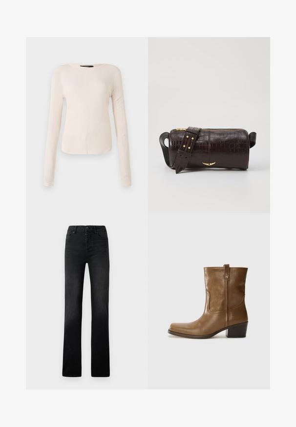 Hosszú ujjú, világos bézs blúz kerek nyakkivágással. Puha anyagból készült, középső varrással és enyhén ívelt szegéllyel rendelkezik. Nincs rajta látható fémrész.; Fekete farmer egyenes szabású nadrág, finom fade-elt hatással, öt zsebbel és gombos záródással. Sima felület minimális varrási részletekkel.; Barna bőrből készült bokacsizma négyzet alakú orral, texturált felülettel és alacsony, rakott sarkával. Hátsó húzófüllel és finom varrási részletekkel rendelkezik.; Barna krokodilbőr hatású bőr táska henger alakú, arany tónusú fémveretekkel és lecsatolható, szegecsekkel díszített pánttal.