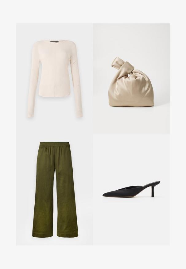 Long-sleeve, light beige top with a round neckline. Made of soft fabric, features a central seam and slightly curved hem. No visible hardware.; Wide-leg trousers made of olive green fabric with an elastic waistband and a smooth texture. No visible patterns or accents.; Black pointed-toe mule with a sleek design, made of smooth fabric, featuring a slender heel and open back for easy wear.; Beige satin bag with knotted top, featuring a soft, smooth texture and a rounded shape, designed to be simple and elegant.