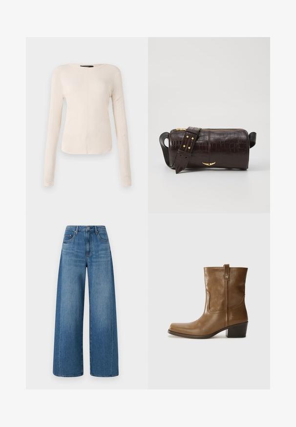 Top cu mânecă lungă, de culoare bej deschis, cu decolteu rotund. Realizat dintr-un material moale, prezintă o cusătură centrală și un tiv ușor curbat. Fără elemente de prindere vizibile.; Jeanși largi, de culoare albastră, cu o spălare medie, având talie înaltă, cinci buzunare și o ușoară denivelare. Realizați din denim cu o textură netedă.; Botine din piele maro, cu vârf pătrat, finisaj texturat și toc mic, îngrămădit. Prezentă un tab de tragere la spate și detalii subtile de coasere.; Geantă din piele căptușită cu un model de crocodil de culoare maro, cu o formă cilindrică, accesorii de culoare aurie și un curea detasabilă cu tăieturi.