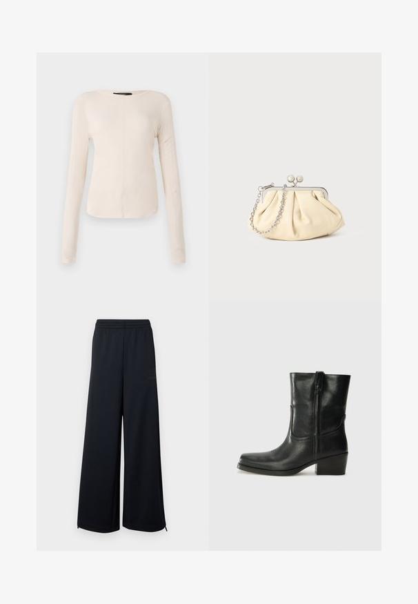 Dlhý rukáv, svetlo béžový top s okrúhlym výstrihom. Vyrobený z mäkkej látky, má stredový šev a mierne zakrivený spodný okraj. Bez viditeľného hardvéru.; Čierne široké sieťované nohavice s elastickým pásom a malými zipsovými detailmi na lemoch, vystavené na bielom pozadí.; Čierne kožené členkové topánky s okrúhlou špičkou, blokovým podpätkom, bočným zipsom a prešívaním na priehlavku. Hladká textúra, klasický dizajn.; Zhlý béžový kožený klobúk so strieborným kovovým rámom, ktorý má dve okrúhle dekoratívne zámky a strieborný reťazový popruh.