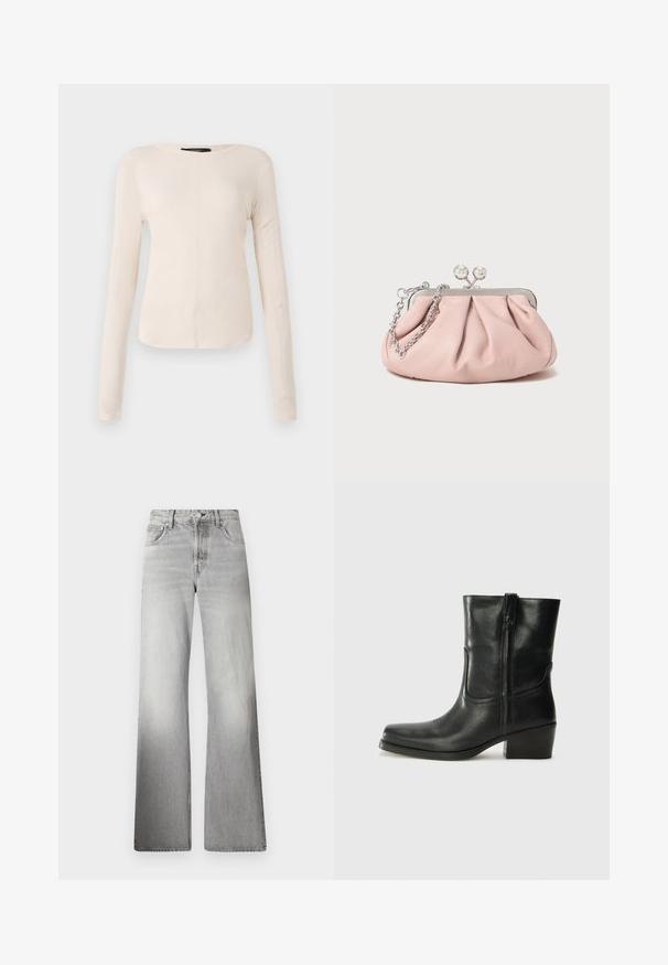 Pikkade varrukatega helesinine topp ümmarguse kaelusega. Valmistatud pehmest kangast, sisaldab keskset õmblust ja kergelt kaardus serva. Ei ole nähtavat riistvara.; Halli denim laiad püksid kõrge vöökohaga, pleekinud tekstuuriga, viie taskuga ning tõmblukuga, millel on nööbikinnitus.; Musta nahast pahkluu saabas ümarate varvastega, plokknäppu, külgsepa ja pealsetel õmblusest aktsentidega. Sile tekstuur, klassikaline disain.; Roosa nahast käsikott voolava disainiga, metallraam, kaks ümmargust klambrit ja hõbedane kett. Sile tekstuur, kompaktne kuju.