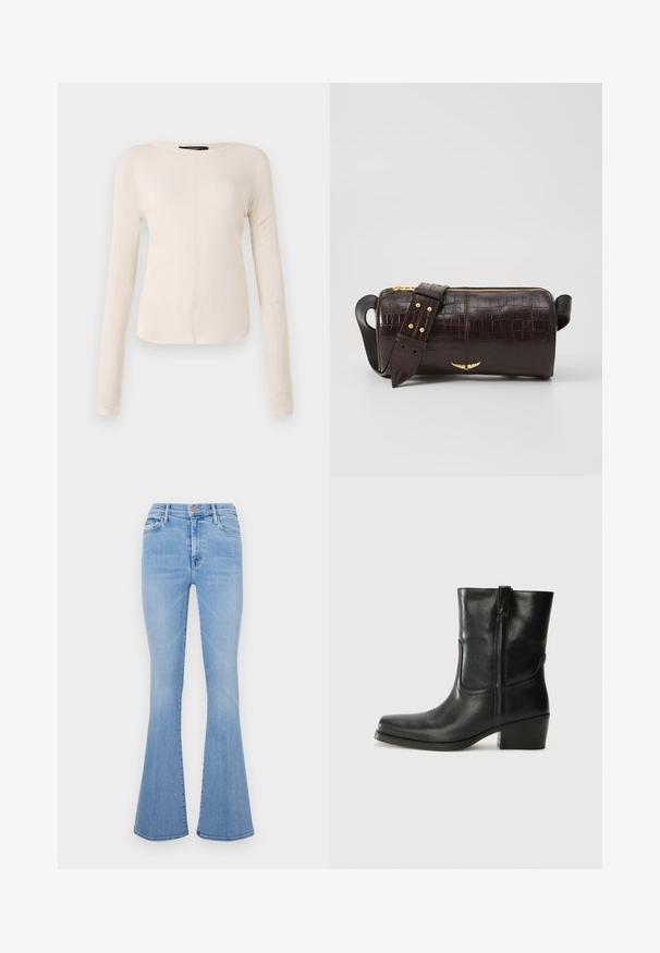 Langærmet, lys beige top med rund halsudskæring. Lavet af blødt stof, har en central søm og let buet kant. Der er ingen synlige metaldele.; Lyseblå flagrende jeans med høj talje, lavet af denimstof, med frontlommer og en subtil falmet tekstur.; Sort læder ankelstøvle med rundt tå, blokhæl, lynlås i siden og stikninger på vampsiden. Glat tekstur, klassisk design.; Brun krokodilleder taske med cylindrisk form, hardware i guld-tone, og en aftagelig rem med nitter.