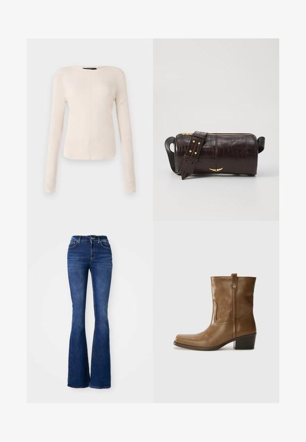 Langærmet, lys beige top med rund halsudskæring. Lavet af blødt stof, har en central søm og let buet kant. Der er ingen synlige metaldele.; Mørkeblå bootcut jeans med høj talje, lavet af denim, med kontraststing og knaplukning foran.; Brun læder ankelstøvle med firkantet tå, tekstureret overflade og en lav stablet hæl. Har en bageste hælflap og subtile syningsdetaljer.; Brun krokodilleder taske med cylindrisk form, hardware i guld-tone, og en aftagelig rem med nitter.