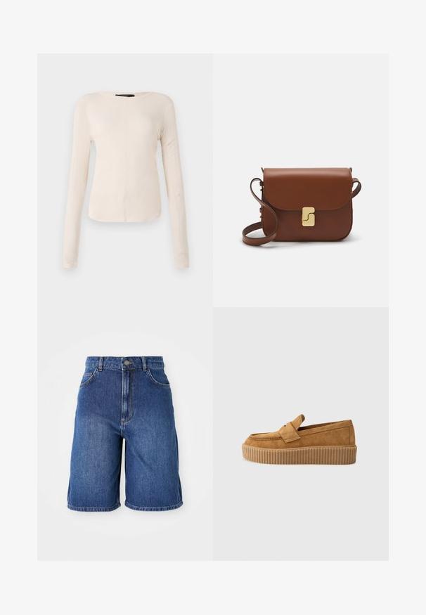 Dlhý rukáv, svetlo béžový top s okrúhlym výstrihom. Vyrobený z mäkkej látky, má stredový šev a mierne zakrivený spodný okraj. Bez viditeľného hardvéru.; Tmavomodré denimové šortky s vysokým pásom, piatimi vreckami a kontrastným šitím. Na spodnej strane sú nezakryté.; Hnedé semišové mokasíny s okrúhlym špičkou, s rebrovanou platformovou podrážkou a dekoratívnym pásikom cez hornú časť.; Hnedá kožená kabelka s klopou, zlatými kovovými prvkami, ramenným popruhom a hladkým povrchom. Kompaktný obdĺžnikový tvar.