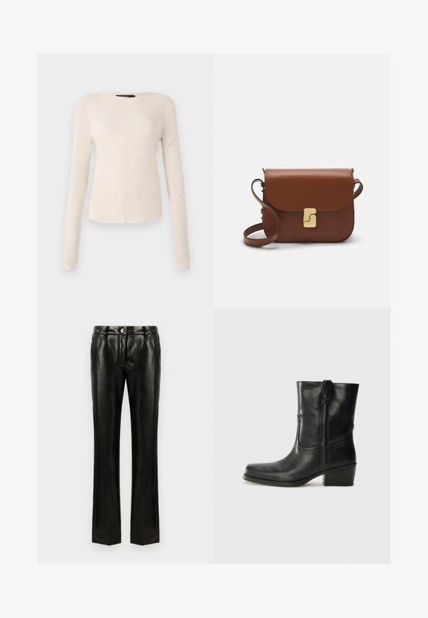 Dlhý rukáv, svetlo béžový top s okrúhlym výstrihom. Vyrobený z mäkkej látky, má stredový šev a mierne zakrivený spodný okraj. Bez viditeľného hardvéru.; Čierne nohavice rovného strihu z umelej kože s gombíkovým a zipsovým zapínaním, pútkami na opasok a bočnými vreckami, vystavené na bielom pozadí.; Čierne kožené členkové topánky s okrúhlou špičkou, blokovým podpätkom, bočným zipsom a prešívaním na priehlavku. Hladká textúra, klasický dizajn.; Hnedá kožená kabelka s klopou, zlatými kovovými prvkami, ramenným popruhom a hladkým povrchom. Kompaktný obdĺžnikový tvar.
