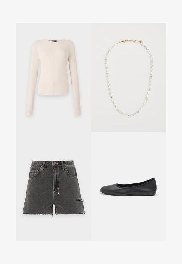 Long-sleeve, light beige top with a round neckline. Made of soft fabric, features a central seam and slightly curved hem. No visible hardware.; Denim shorts in dark grey with frayed hem, distressed details, and contrasting yellow stitching. Features traditional pockets and a front button.; Black leather ballet flat with a rounded toe, smooth texture, minimal stitching detail, and a flexible sole design.; Pearl necklace with alternating white oval pearls and small gold beads, featuring a gold clasp for fastening. Smooth texture overall.