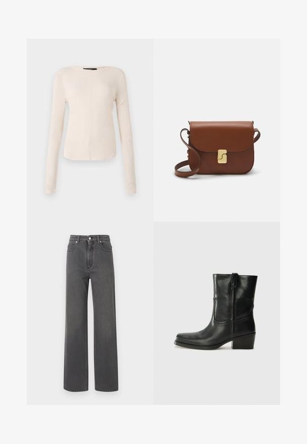 Langsleeve, lichtbeige top met een ronde halslijn. Gemaakt van zachte stof, heeft een centrale naad en een iets gebogen rand. Geen zichtbare hardware.; Grijze denim jeans met een hoge taille en wijde pijpen, met een sluiting aan de voorkant met knopen en contrasterende stiksels. Heeft twee zijzakken en een gladde textuur.; Zwarte leren enkellaars met een ronde neus, blokhak, zijrits en stikselaccenten op de wreef. Gladde textuur, klassiek ontwerp.; Bruine leren handtas met een klep sluiting, gouden hardware, een schouderband en een gladde textuur. Compact rechthoekige vorm.
